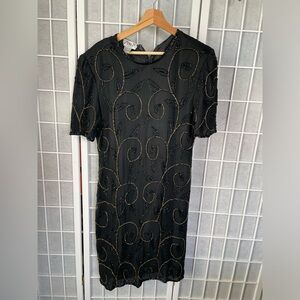 JMD new york vintage dress, black with gold (hand beaded) pattern, Size XXL.